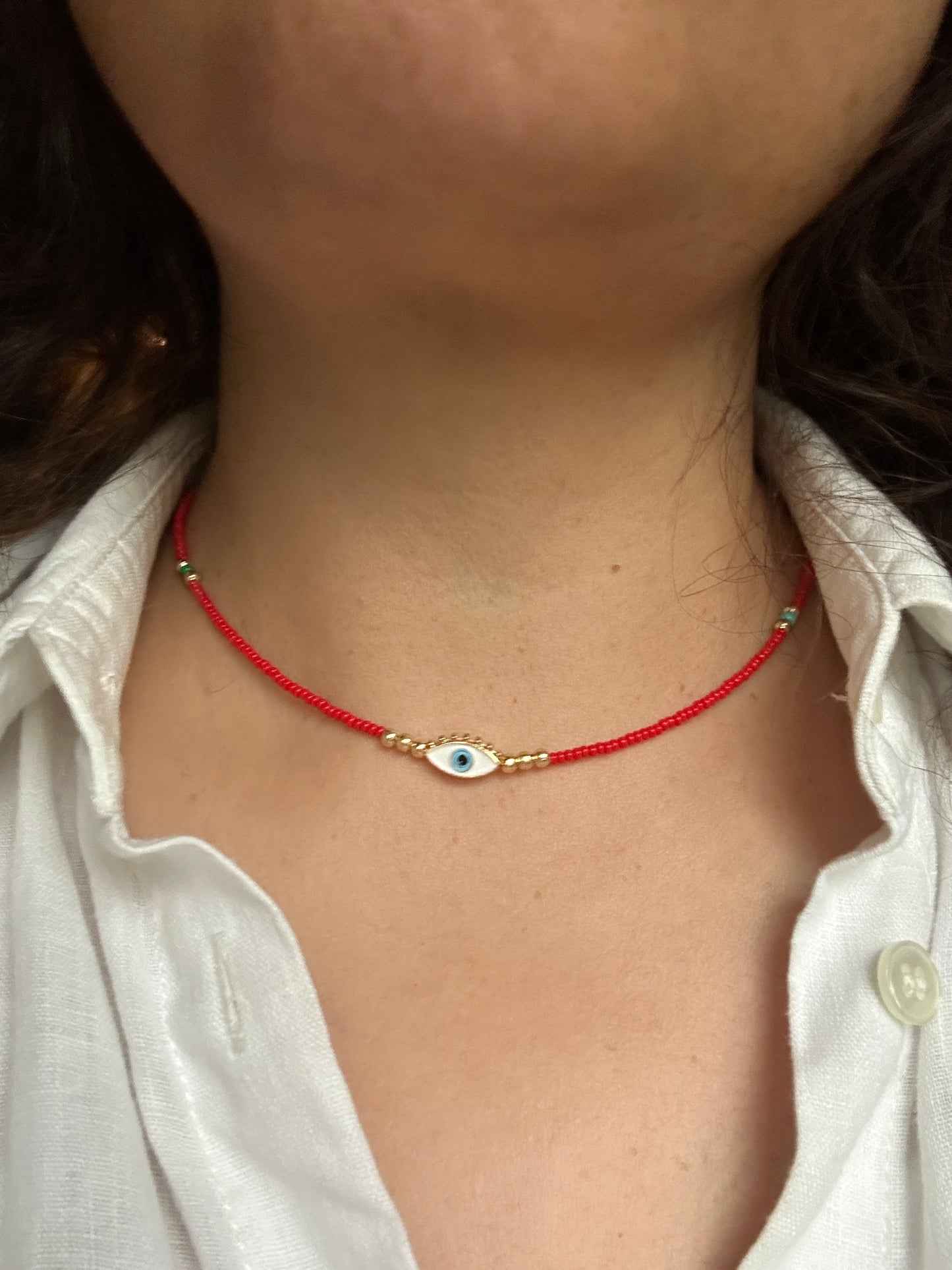 Gold plated evil eye necklace 14 inches red beads
