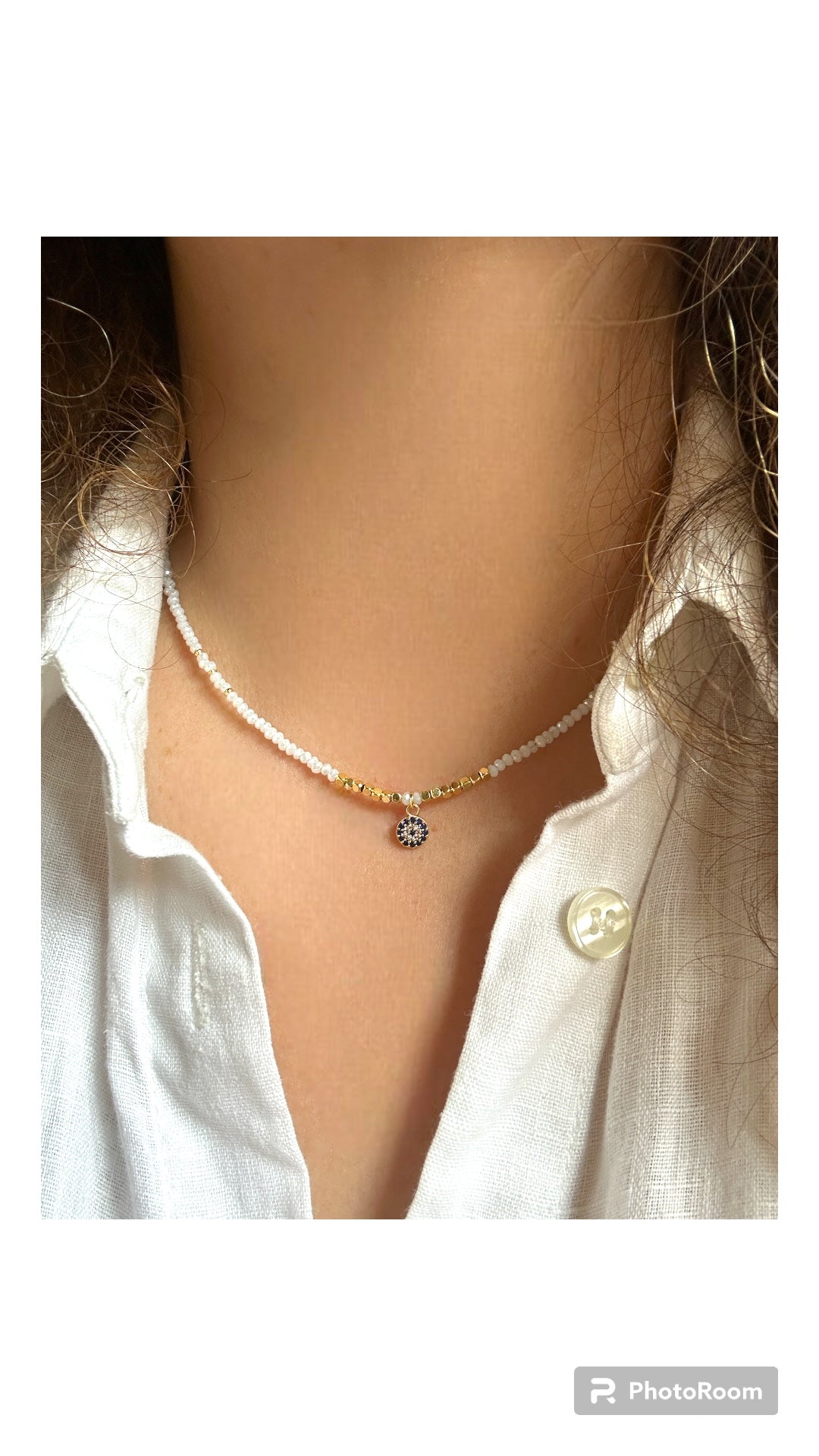 Gold plated evil eye necklace 14 inches white cristal glass beads