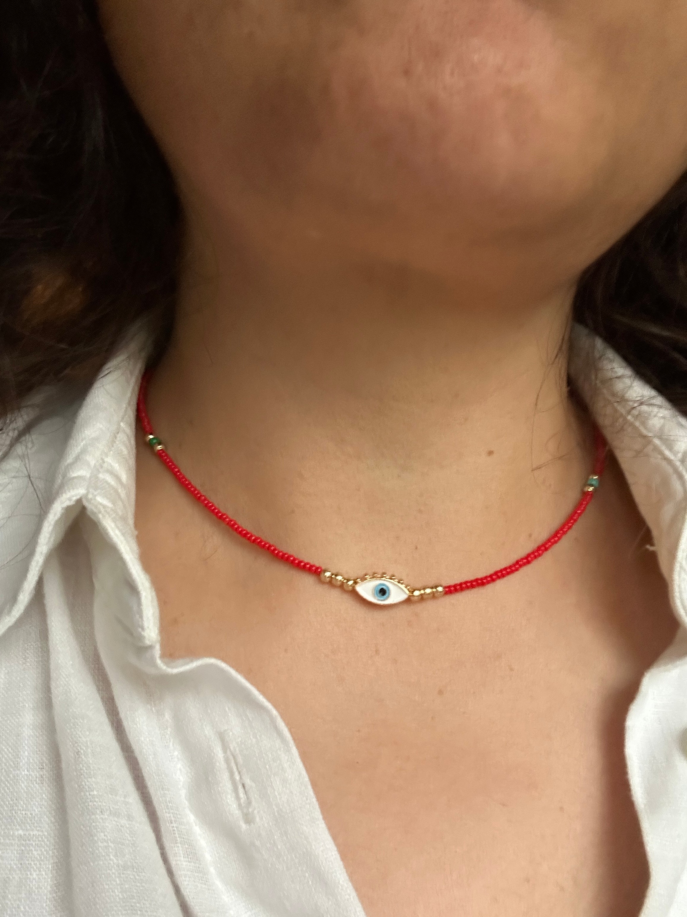 BESHEEK Goldtone & Resin Red Evil Eye Circle Pendant Necklace? Handmad